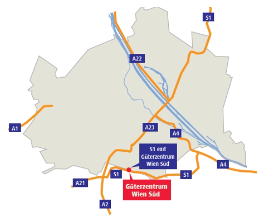 Umstn kontejnerovho terminlu Wien Sd spolenosti Rail Cargo Group - schematick plnek dopravnch tras