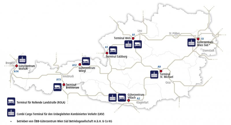 Spolenost Rail Cargo Group - konterjenrov terminly a terminly ROLA v Rakousku