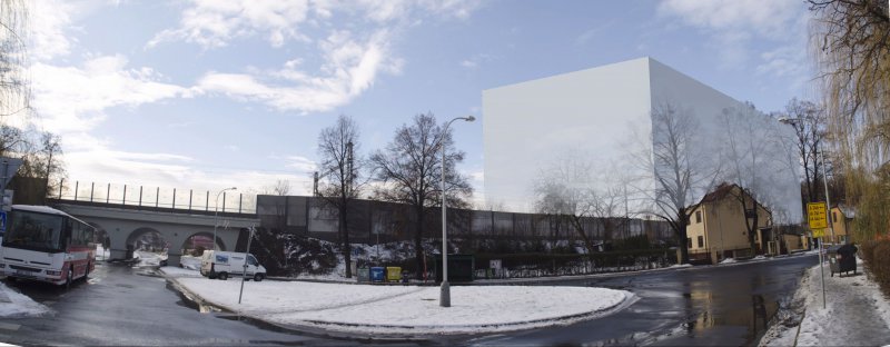 Vizualizovan pohled na sklad Coca Cola z kiovatky ulic Pilsk a Novozmeck